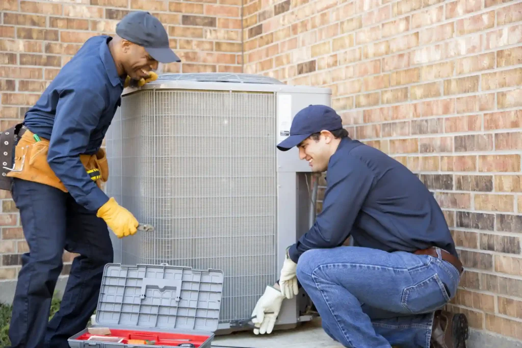 Two HVAC Technician repairing an outdoor AC unit using different tools