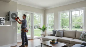 A male HVAC technician installing a mini split system on the wall