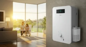 Indoor Air Quality 3 Air purifier on the wall and a women with her daughter sitting in the chair in the background