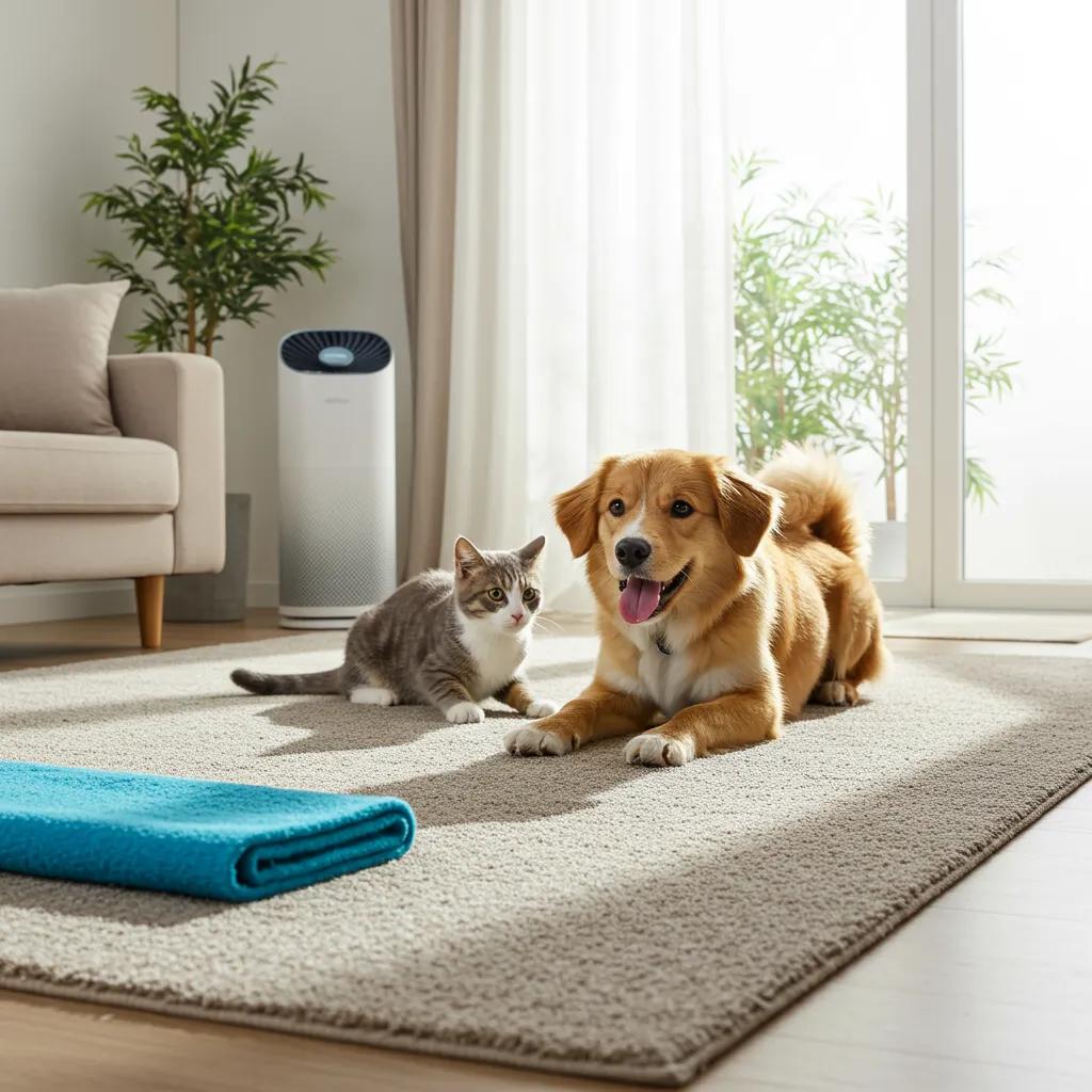 Combat Pet Allergies: Best Air Purifiers for Removing Dander 1 Cozy living room with a dog and cat playing, highlighting a pet-friendly and allergy-conscious environment