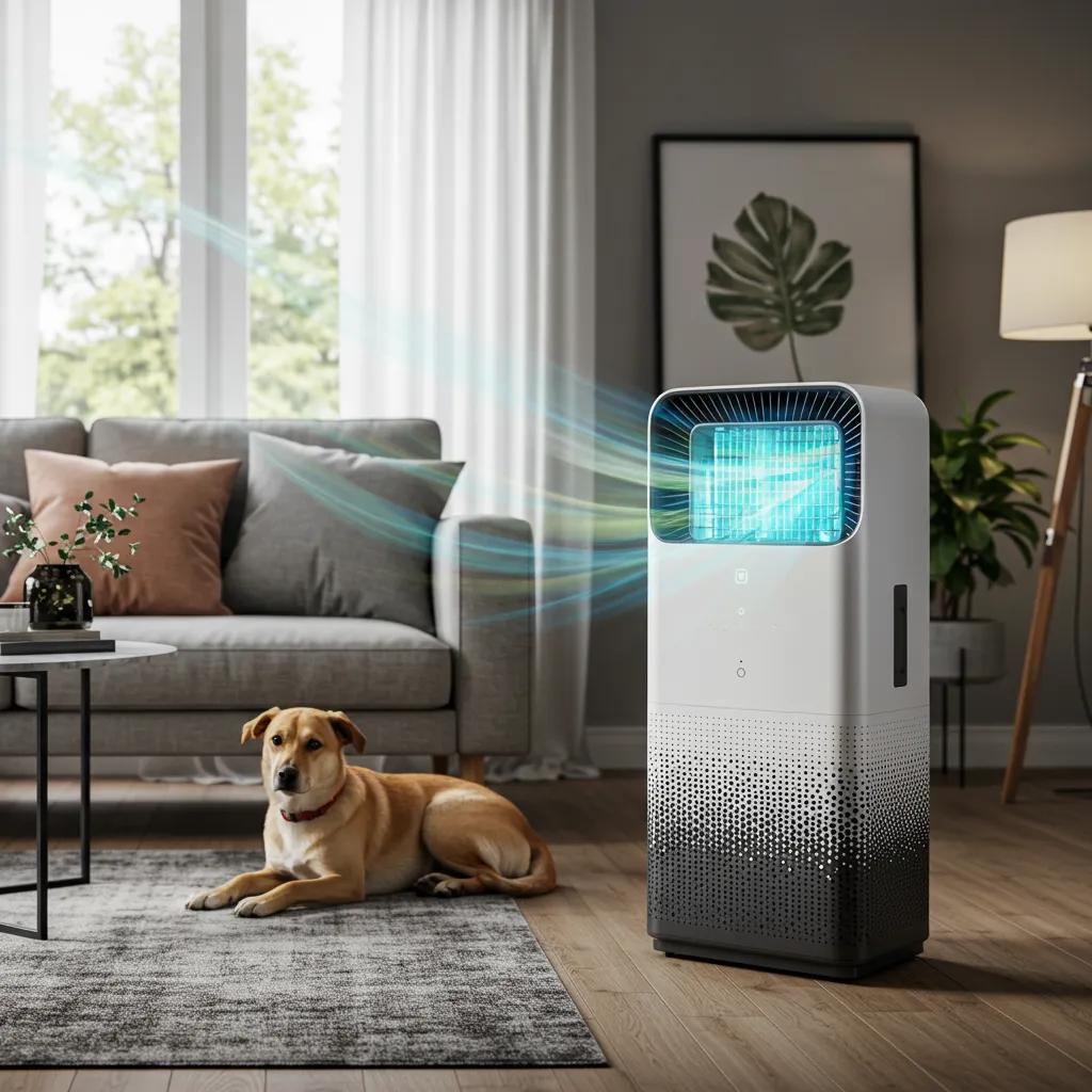 A sleek, modern air purifier operating in a living room, illustrating its role in enhancing air quality for pet owners