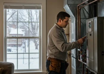A Technician installing a furnace system inside a home