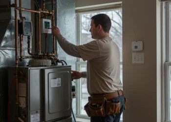 An HVAC Technician replacing a indoor furnace using his hands