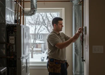 A technician tuning up a indoor furnace